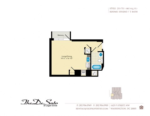 Floor plan for studio, 1 bath, 461 sqft